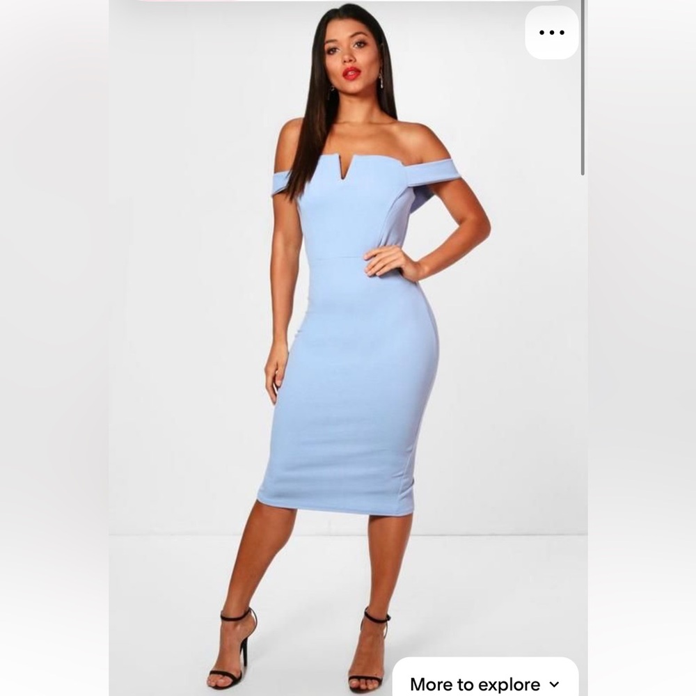 NWT Boohoo Cara Off The Shoulder Midi Bodycon Dress in Cornflower Blue